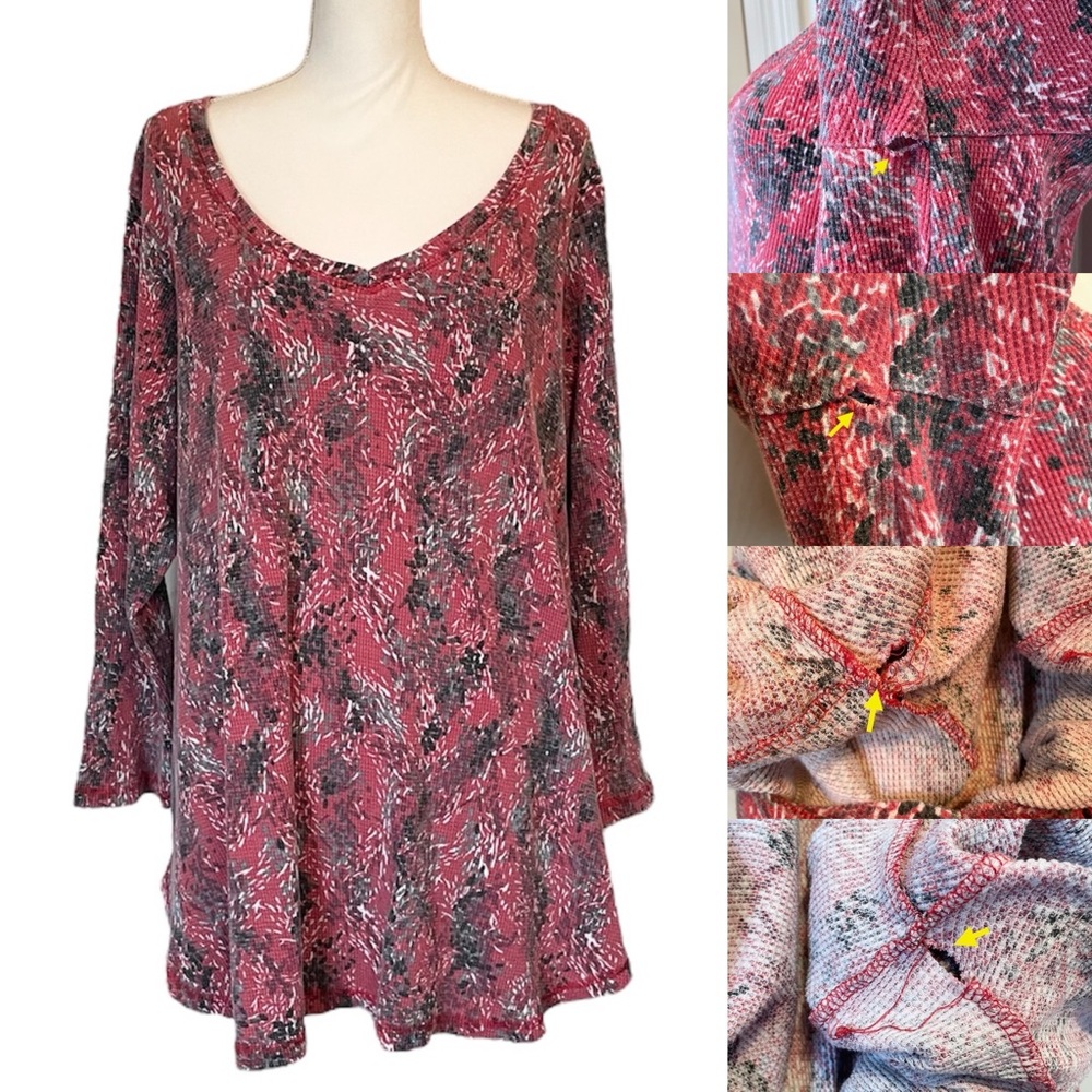 Red V-neck Long Sleeve Floral Print Stretch Tunic Top Women’s 1X